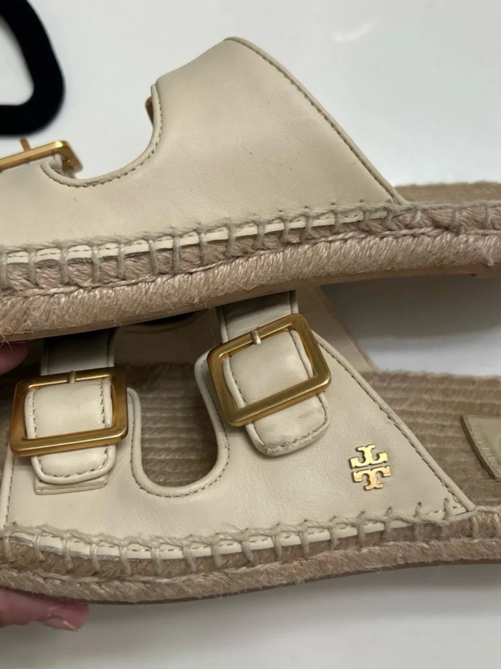 Tory Burch Cream Double-Strap Espadrille Slides with Gold Buckles